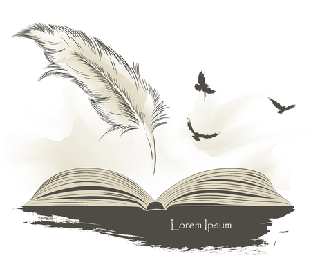 writing old feather paint with flying birds and open bookのイラスト素材