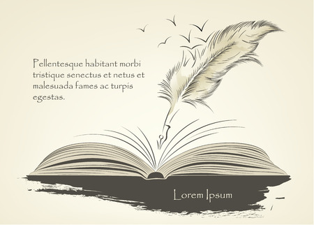Writing old feather paint with flying birds and open bookのイラスト素材