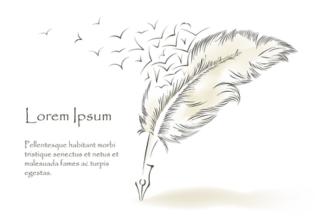 Writing old feather paint with flying birds.のイラスト素材
