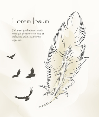 Writing old feather paint with flying birds.のイラスト素材