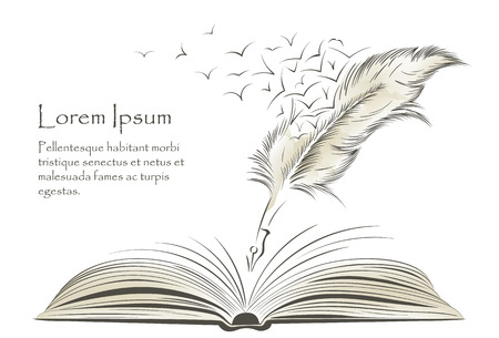 Writing old feather paint with flying birds and open book.のイラスト素材
