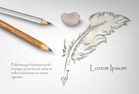 old feather paint with two pencils and eraser.のイラスト素材
