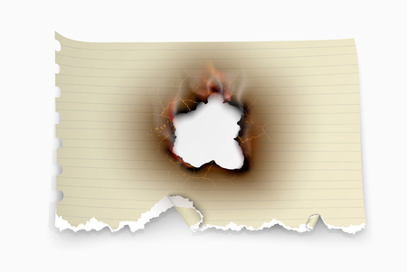Hole torn in ripped paper with burnt and flame on transparent background.のイラスト素材