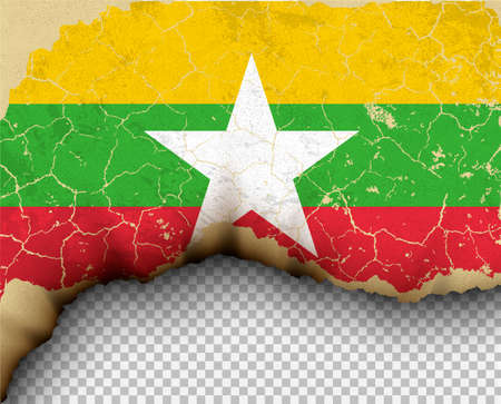 Ripped Myanmar flag country torn paper burning illustration.のイラスト素材