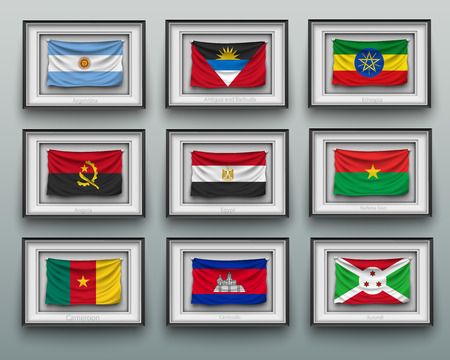 set waving flags in picture frame on the wallのイラスト素材