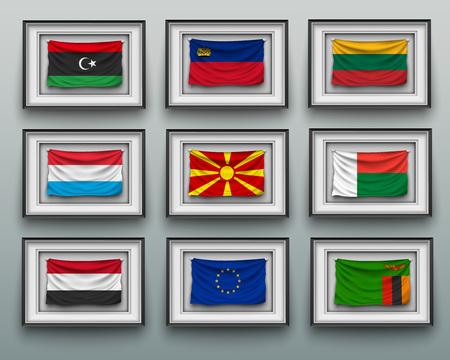 set waving flags in picture frame on the wallのイラスト素材