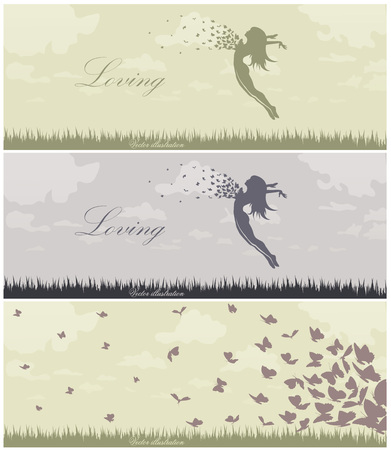 set of butterfly and girl banner vector Designのイラスト素材
