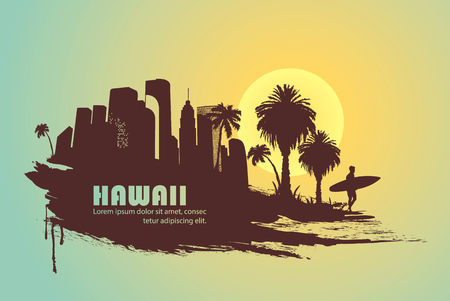 surfer with palm trees and city spot for textのイラスト素材