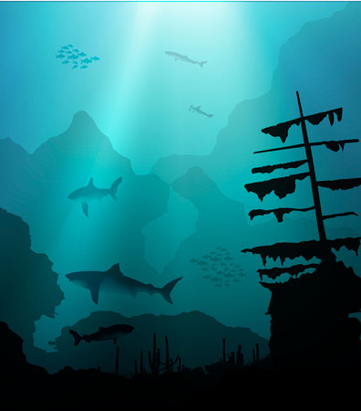underwater world with sharks and sunken shipのイラスト素材