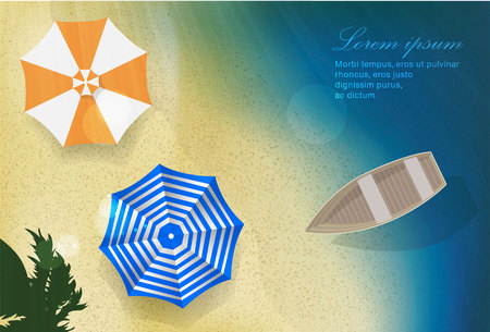 sun sea sand beach with boat and umbrellasのイラスト素材