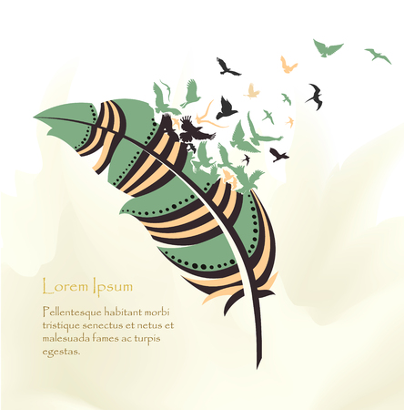 writing pen multicolored feather with flying birdsのイラスト素材