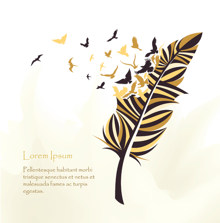 writing pen multicolored feather with flying birdsのイラスト素材