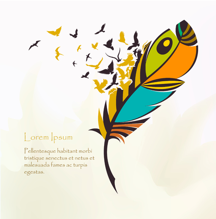 writing pen multicolored feather with flying birdsのイラスト素材
