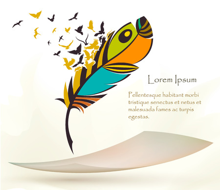 writing old colorful feather with flying paperのイラスト素材