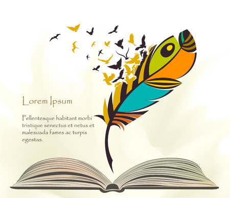 writing pen multicolored feather with flying birds open bookのイラスト素材