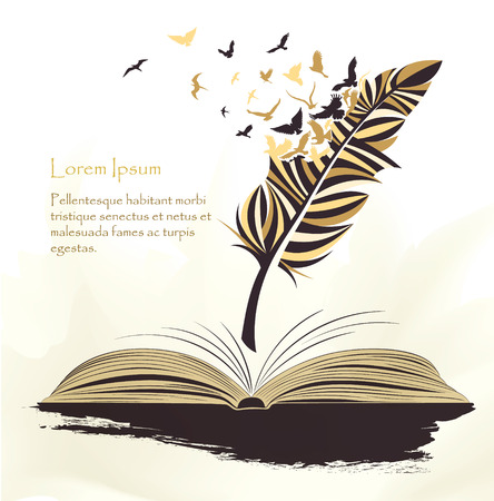 writing pen multicolored feather with flying birds open bookのイラスト素材