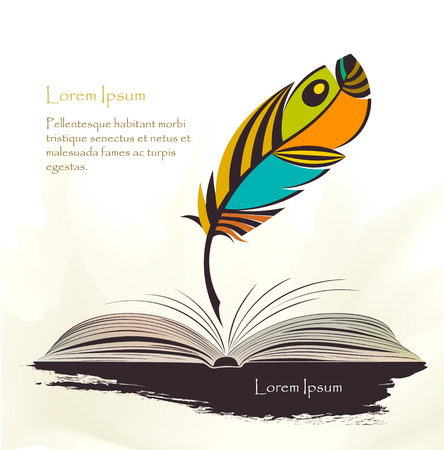 writing old pen multicolored feather with open bookのイラスト素材