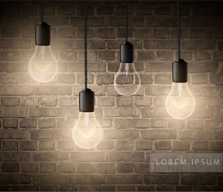 glowing light bulbs set of hanging lights on a brick wallのイラスト素材