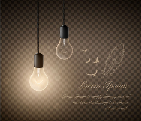 glowing light bulbs set of hanging lights on a transparent backgroundの写真素材