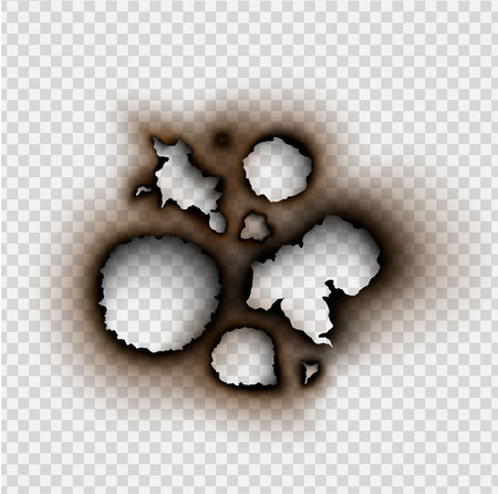 set Hole torn in ripped paper with burnt and flame on transparent backgroundのイラスト素材
