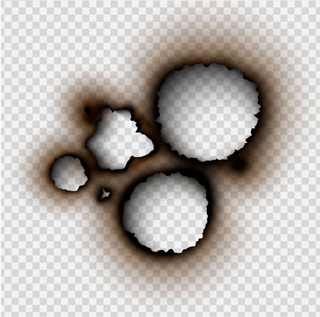 set Hole torn in ripped paper with burnt and flame on transparent backgroundのイラスト素材