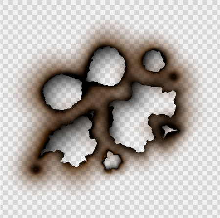 set Hole torn in ripped paper with burnt and flame on transparent backgroundのイラスト素材