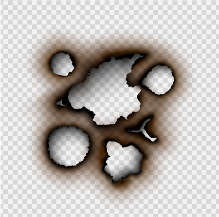 set Hole torn in ripped paper with burnt and flame on transparent backgroundのイラスト素材