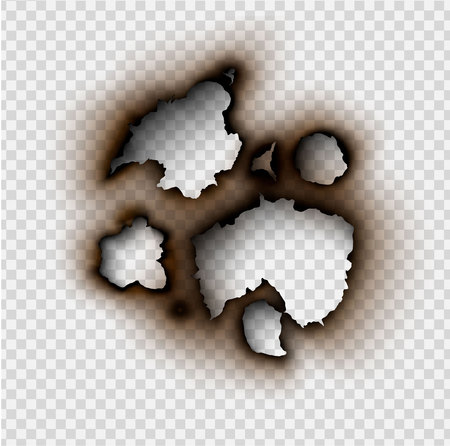 set Hole torn in ripped paper with burnt and flame on transparent backgroundのイラスト素材