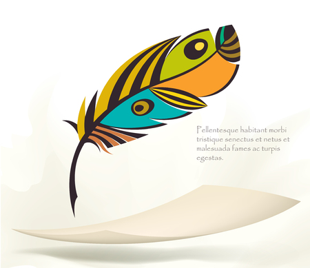 writing old colorful bird feather with flying paperのイラスト素材