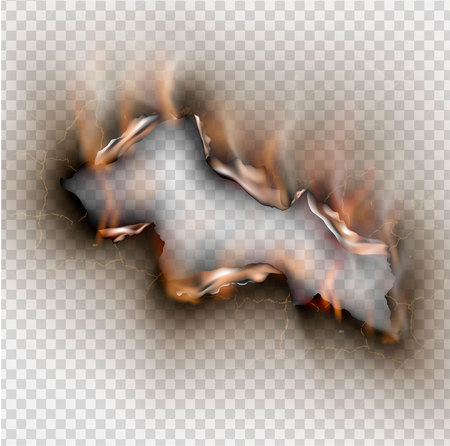 Hole torn in ripped paper with burnt and flame on transparent backgroundのイラスト素材