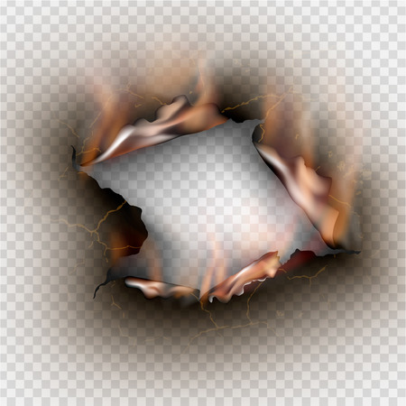 Hole torn in ripped paper with burnt and flame on transparent backgroundのイラスト素材