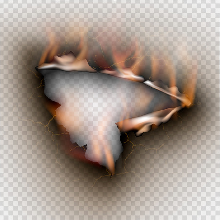 Hole torn in ripped paper with burnt and flame on transparent backgroundのイラスト素材