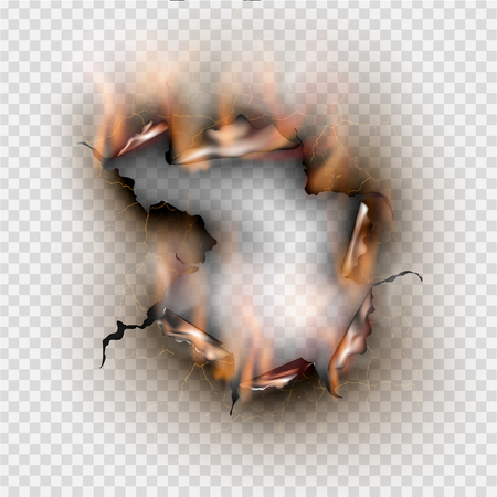 Hole torn in ripped paper with burnt and flame on transparent backgroundのイラスト素材