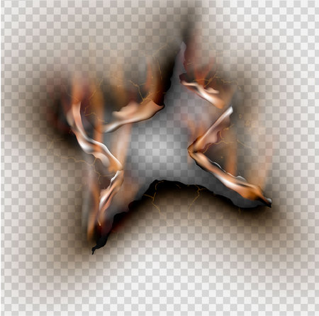 Hole torn in ripped paper with burnt and flame on transparent backgroundのイラスト素材