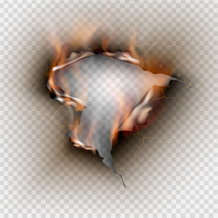 Hole torn in ripped paper with burnt and flame on transparent backgroundのイラスト素材