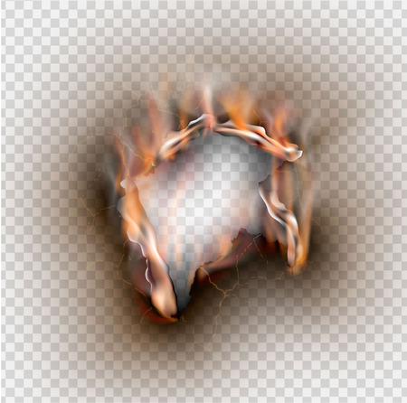 Hole torn in ripped paper with burnt and flame on transparent backgroundのイラスト素材