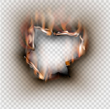 Hole torn in ripped paper with burnt and flame on transparent backgroundのイラスト素材