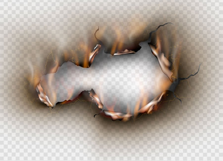 Hole torn in ripped paper with burnt and flame on transparent backgroundのイラスト素材