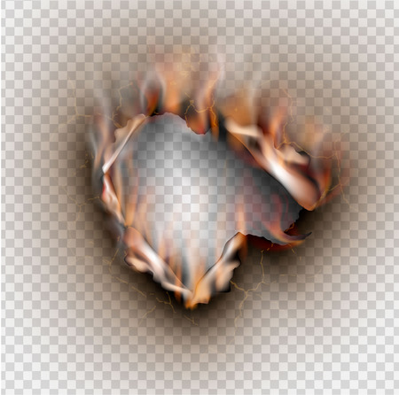 Hole torn in ripped paper with burnt and flame on transparent backgroundのイラスト素材