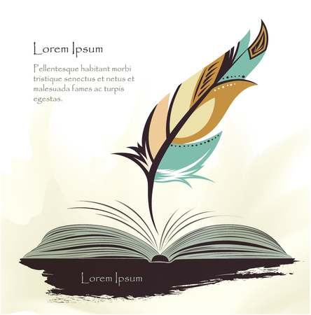 writing old pen multicolored feather with open bookのイラスト素材