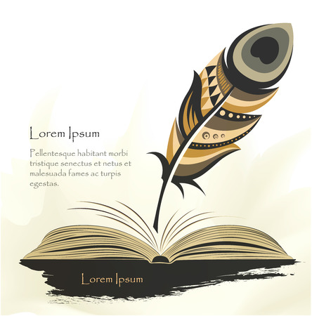 writing old pen multicolored feather with open bookのイラスト素材