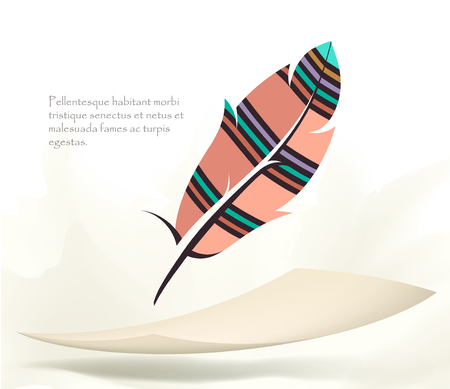 writing old colorful bird feather with flying paperのイラスト素材