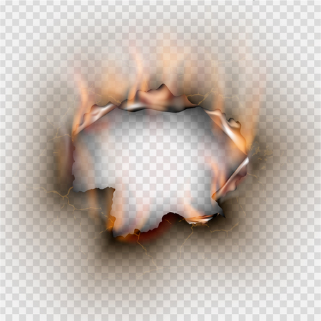 Hole torn in ripped paper with burnt and flame on transparent backgroundのイラスト素材