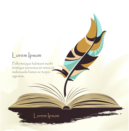 writing old pen multicolored feather with open bookの写真素材
