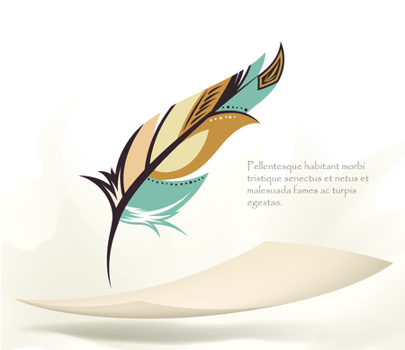 writing old colorful bird feather with flying paperの写真素材