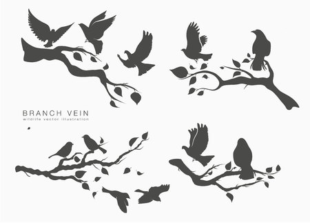 figure set flock of flying birds on tree branchの写真素材