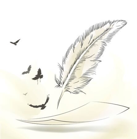writing old feather with flying birdsのイラスト素材