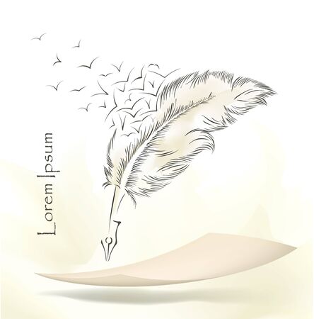 writing old feather with flying birdsのイラスト素材