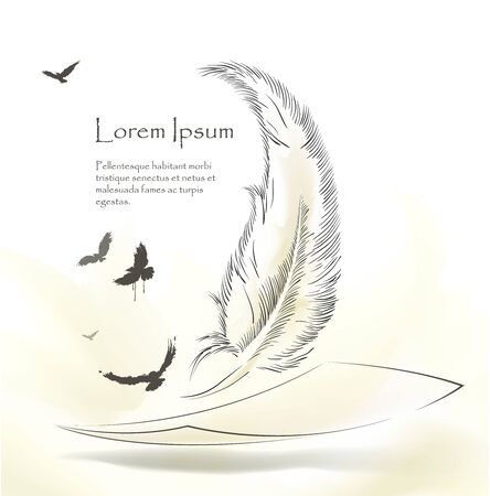 writing old feather with flying birdsのイラスト素材