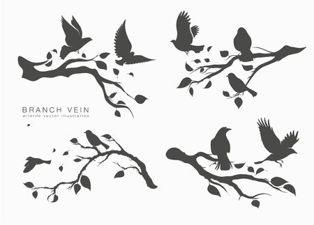 figure set flock of flying birds on treeのイラスト素材
